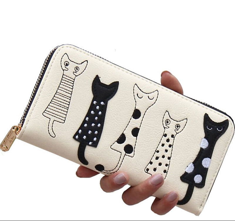 Carteira Longa Feminina Flying Birds com Gato Cartoon – Porta-cartões e Moedeiro